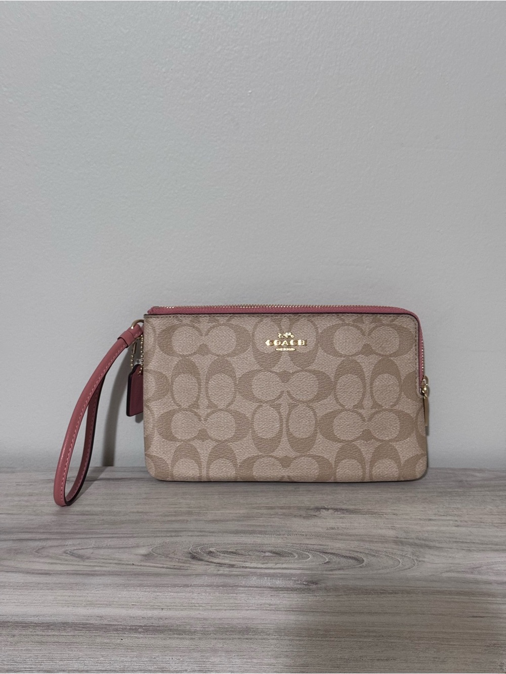 NWT Coach Signature Canvas Wristlet in Beige with Pink Trim